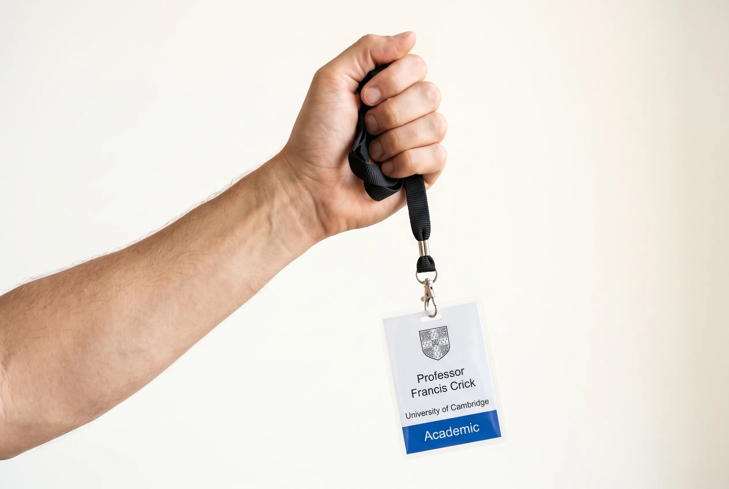 A raised hand gripping a black lanyard with an event badge hanging from it.