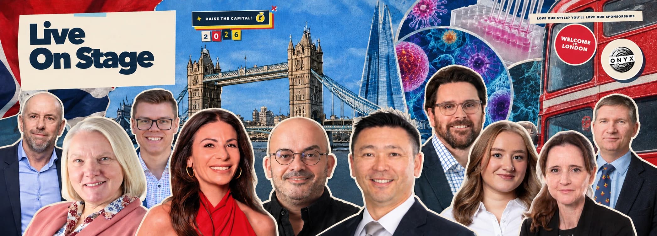 Live on stage — Cell & Gene Live speakers in a London and cell-therapy collage.